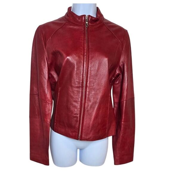 Wilsons Leather Red Zip Up Jacket Lined Pockets Band Collar Coat Women's S - Picture 1 of 10